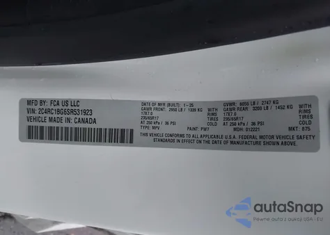 2025 Chrysler Pacifica Select z USA, uszkodzony, nr VIN 2C4RC1BG6SR531923